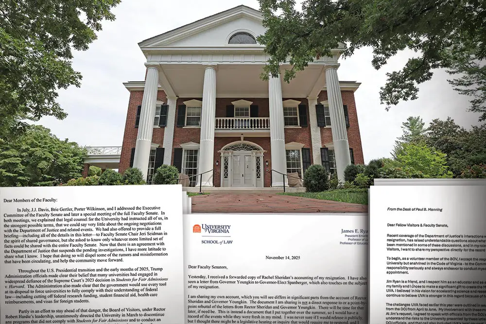 Carr's Hill at UVA and letters from Jim Ryan, Rachel Sheridan and Paul Manning 