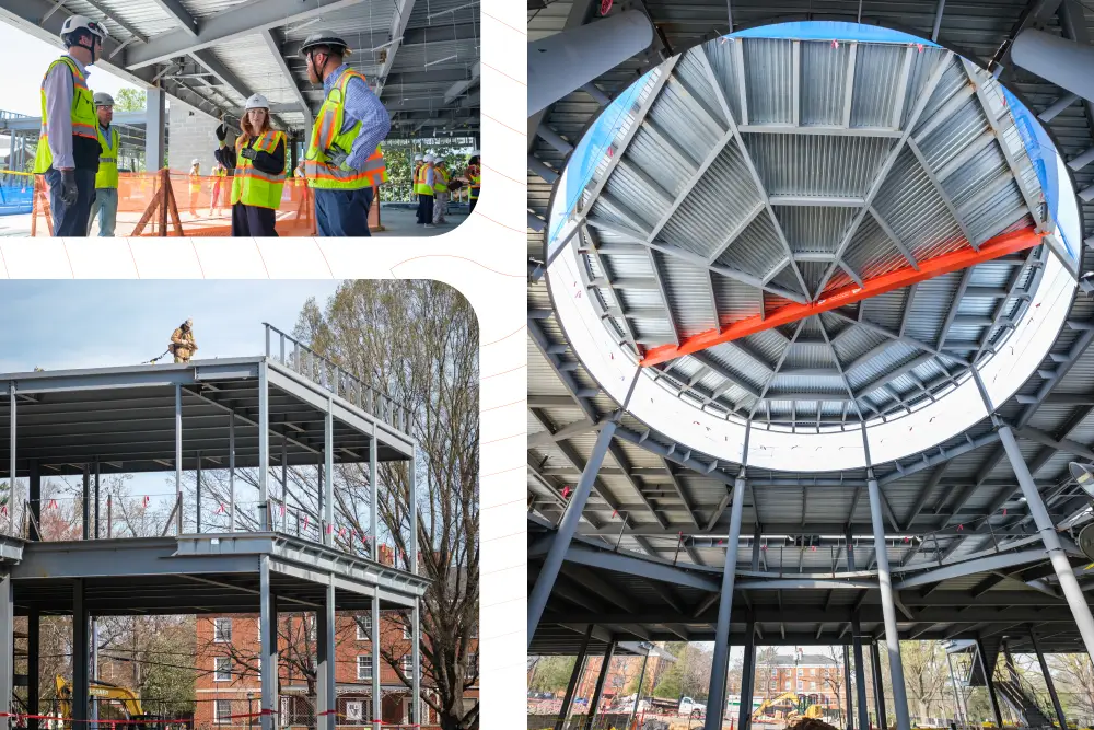 Collage of photos of Aggarwal Hall construction