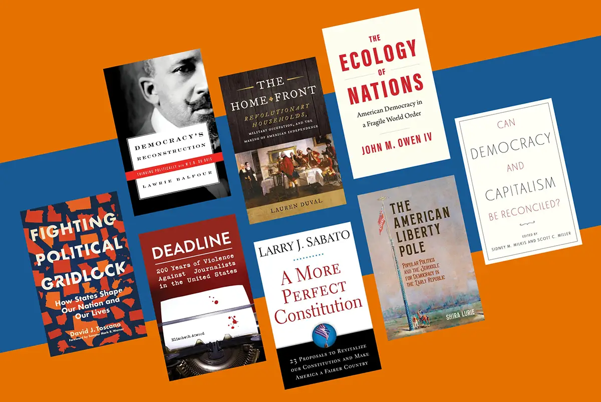 Collage of book covers about American democracy