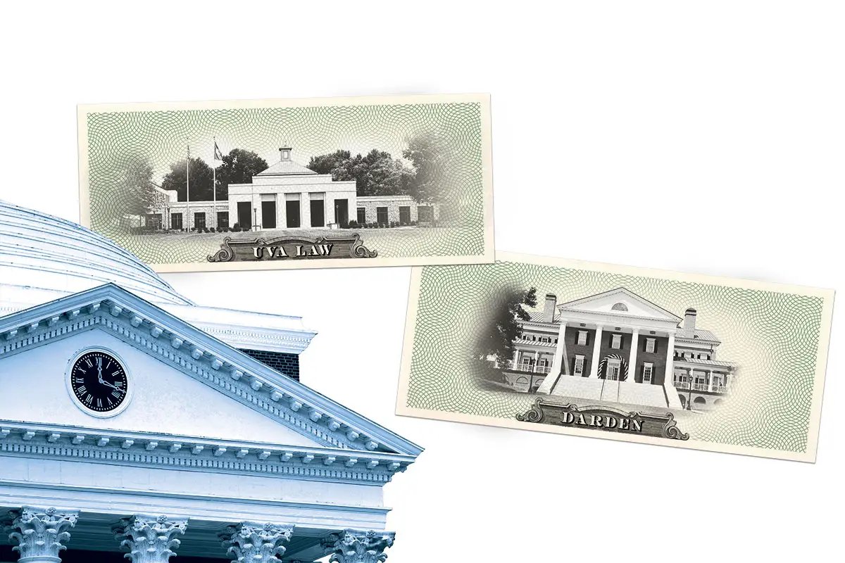 Photo illustration of UVA Rotunda, UVA Law building, UVA Darden building