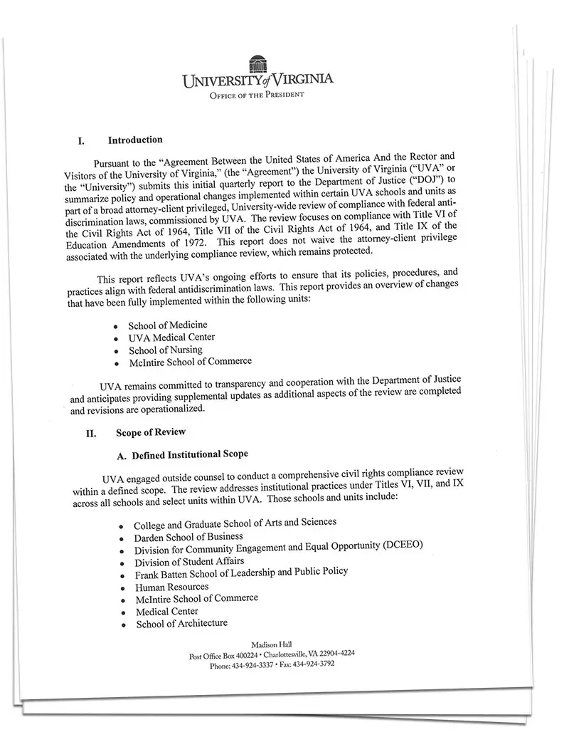 A federal compliance report submitted from UVA to the Department of Justice