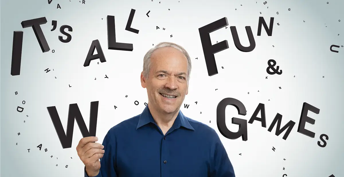 New York Times crossword editor Will Shortz with animated letters around him