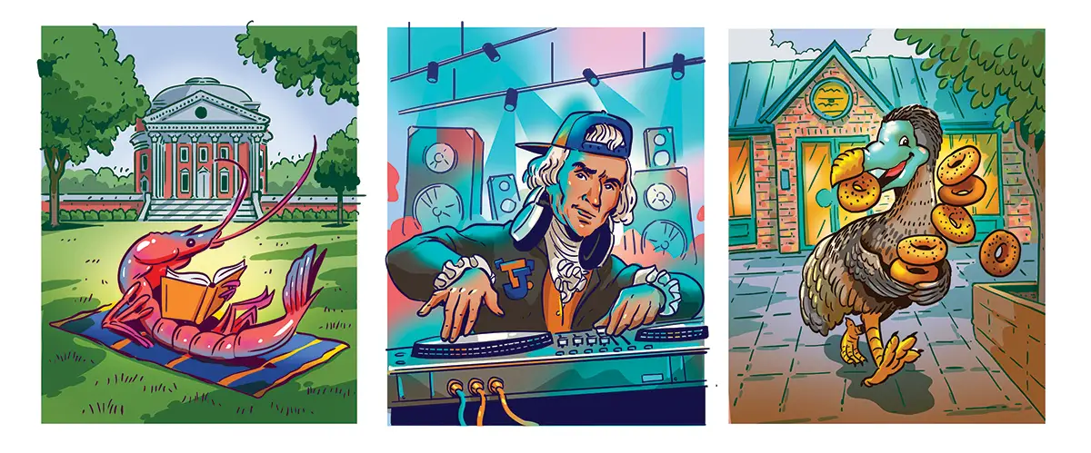 Illustrations depicting Lawn prawn, TJ's DJ's, and Bodo's dodos