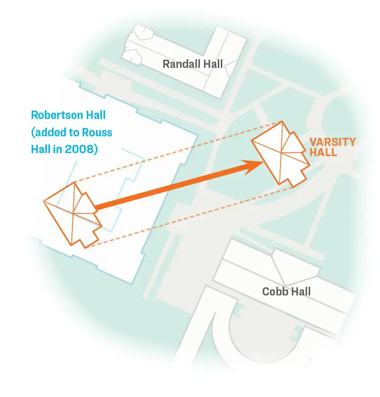 A map showing the route Varsity Hall moved on UVA Grounds