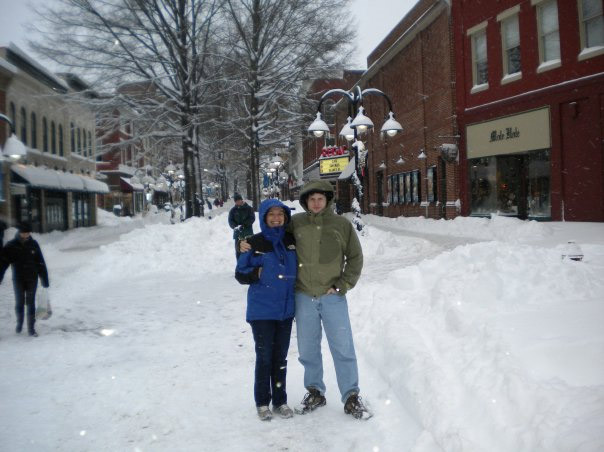 A snowy downtown mall